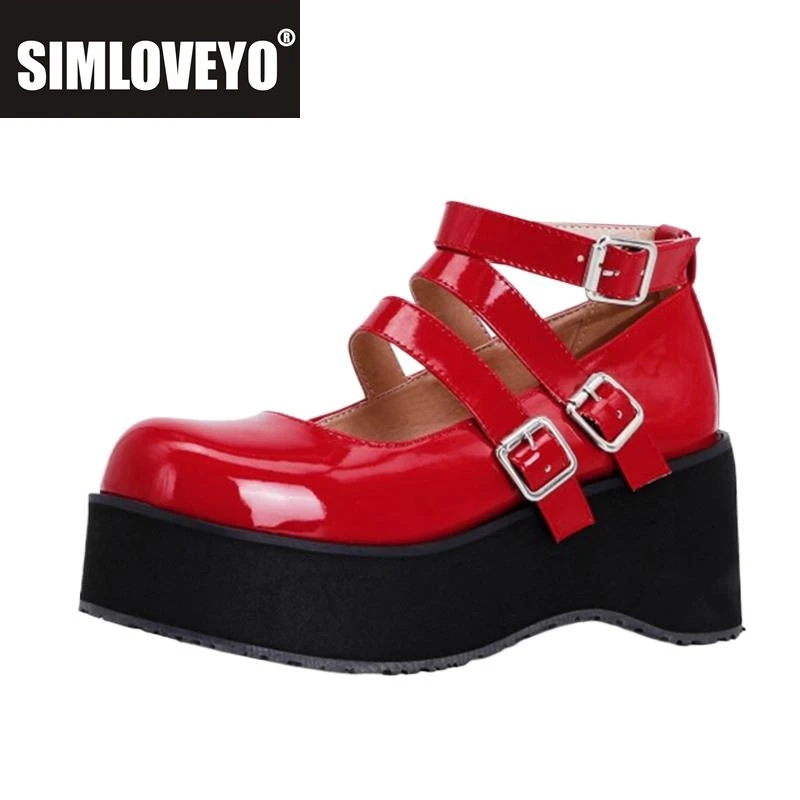 

SIMLOVEYO 2025 толстый круглый носок на платформе с пряжкой на щиколотке, ремешок на массивном каблуке 7 см, US17, черный, белый, красный, A4353