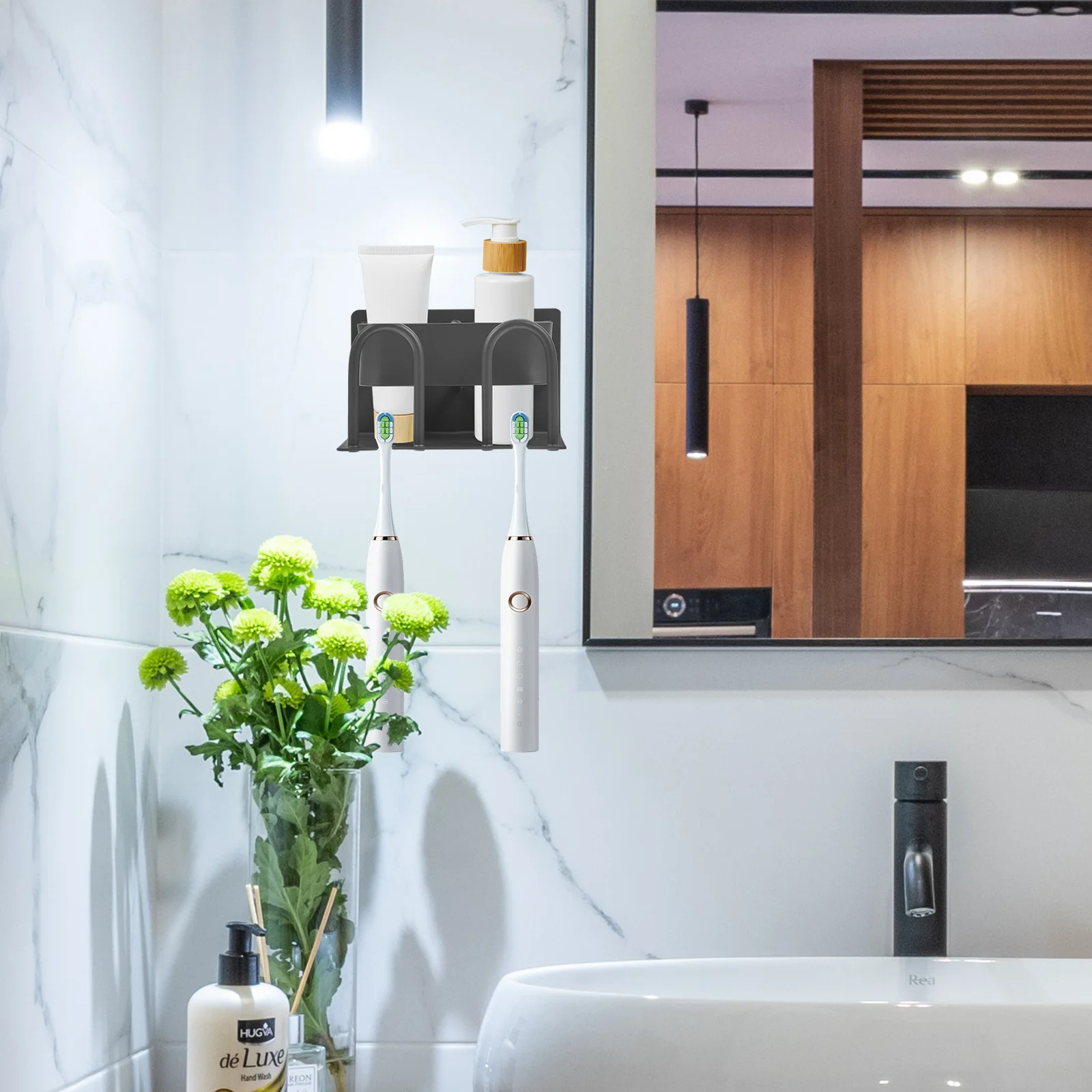 

Punch Free Wall Mounted Toothbrush Holder Aluminum Alloy Bathroom Rack Drain Storage Stand Easy Install Organizer