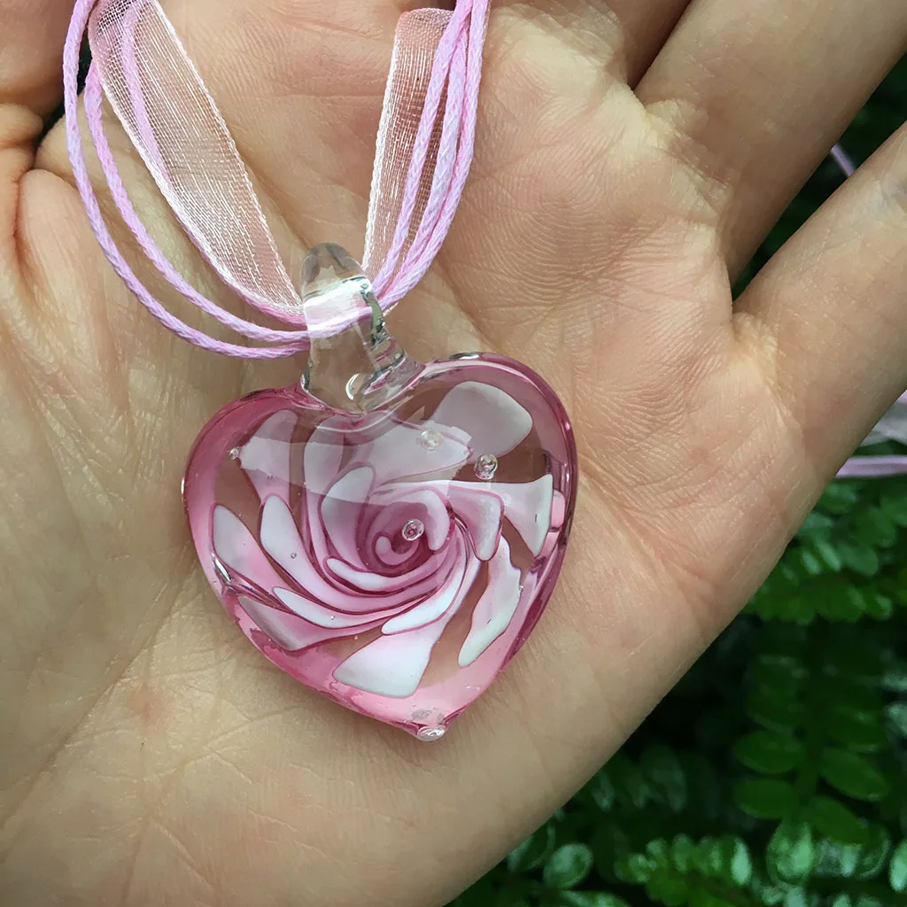 1Set Fashion Pink Glass Murano Floral Love Heart Shape Lampwork Pendant Necklace For Women Cheap Items Jewelry