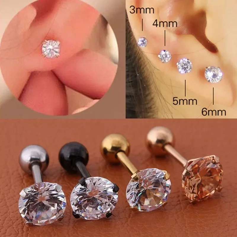 1 pc Medical Stainless steel Crystal Zircon Ear Studs Earrings For Women/Men 4 Prong Tragus Cartilage Piercing Jewelry