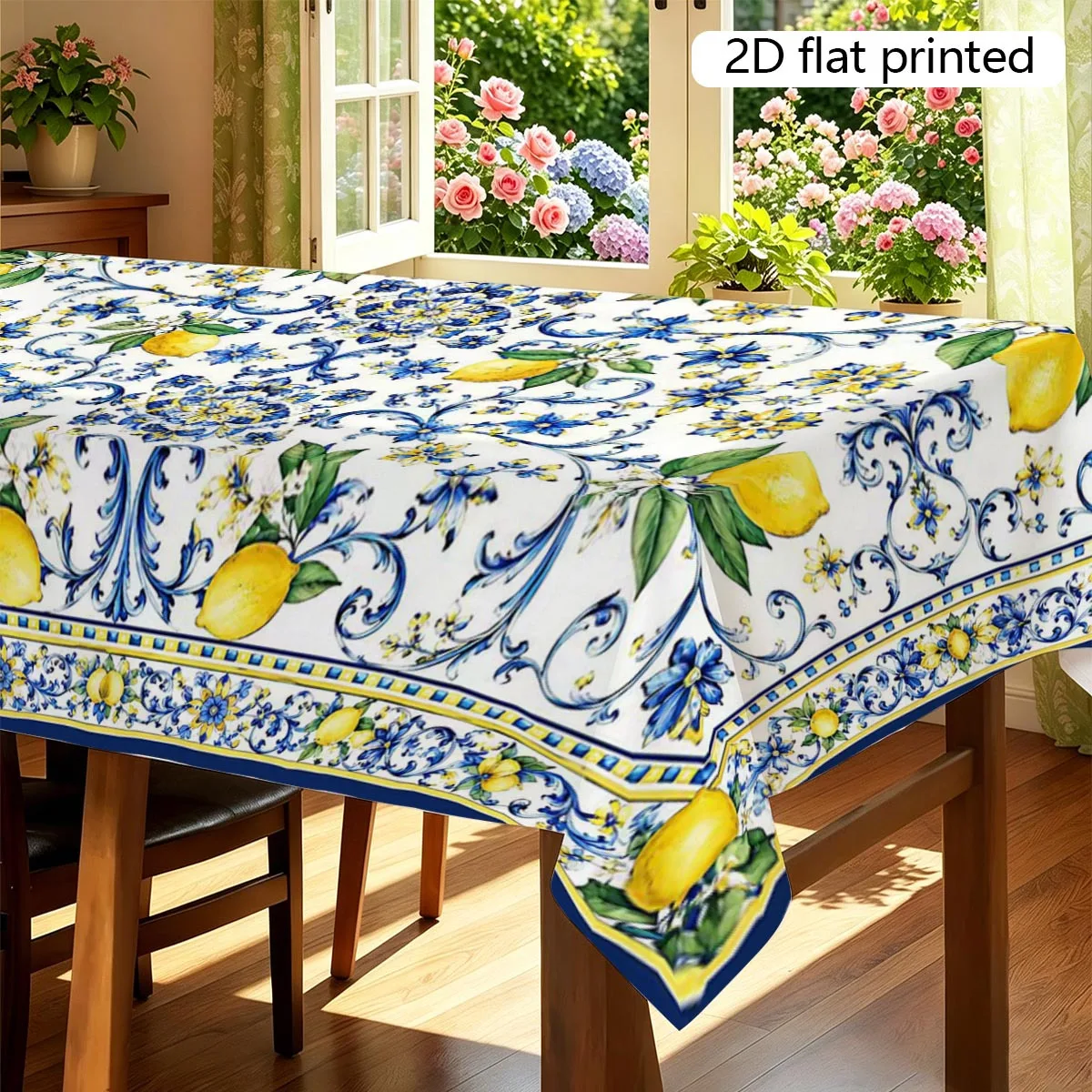 1Pc Mediterranean Style Tablecloth White Blue Yellow Lemon Floral Pattern Table Cover For Kitchen Dining Party Decorative p