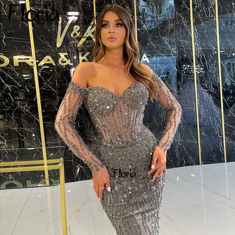 Off Shoulder Mermaid Crystal Evening Dress Custom Made Color Luxury Wedding Party Gowns Pageant Formal Dresses Gray Robes