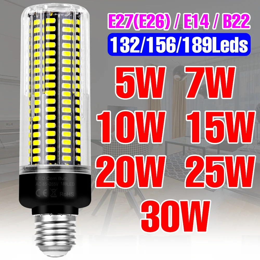 30W LED E27/E26 Corn Light Bulb E14 Ceiling Lamp B22 Chandelier AC 85-265V No Flicker Home Balcony Storage Room Cold/Warm White