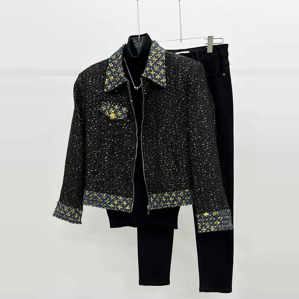 Mens Spring Jacket Faux Pockets Sequins Niche Short Denim Jacket Streetwear Fashion Nightclub Stage Performance Top Men'S Wear