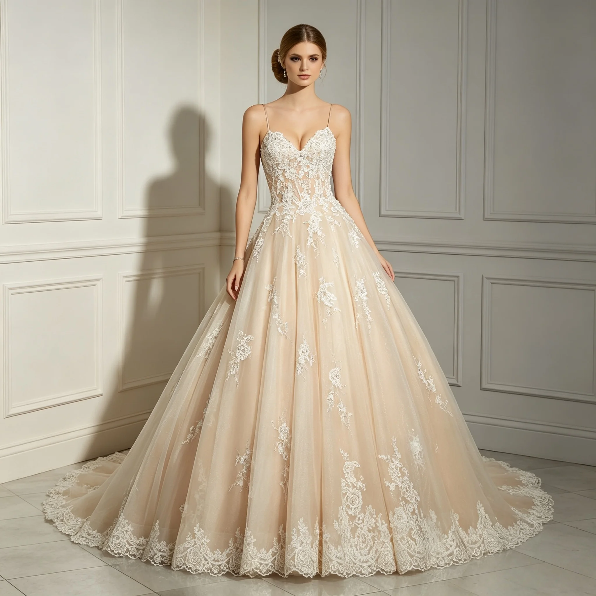 Spaghetti Strap Deep V Champagne Ball Gown Wedding Dress Rhinestone Lace Corset Back Lace Up Floral Scallop Hem Luxury Customiza