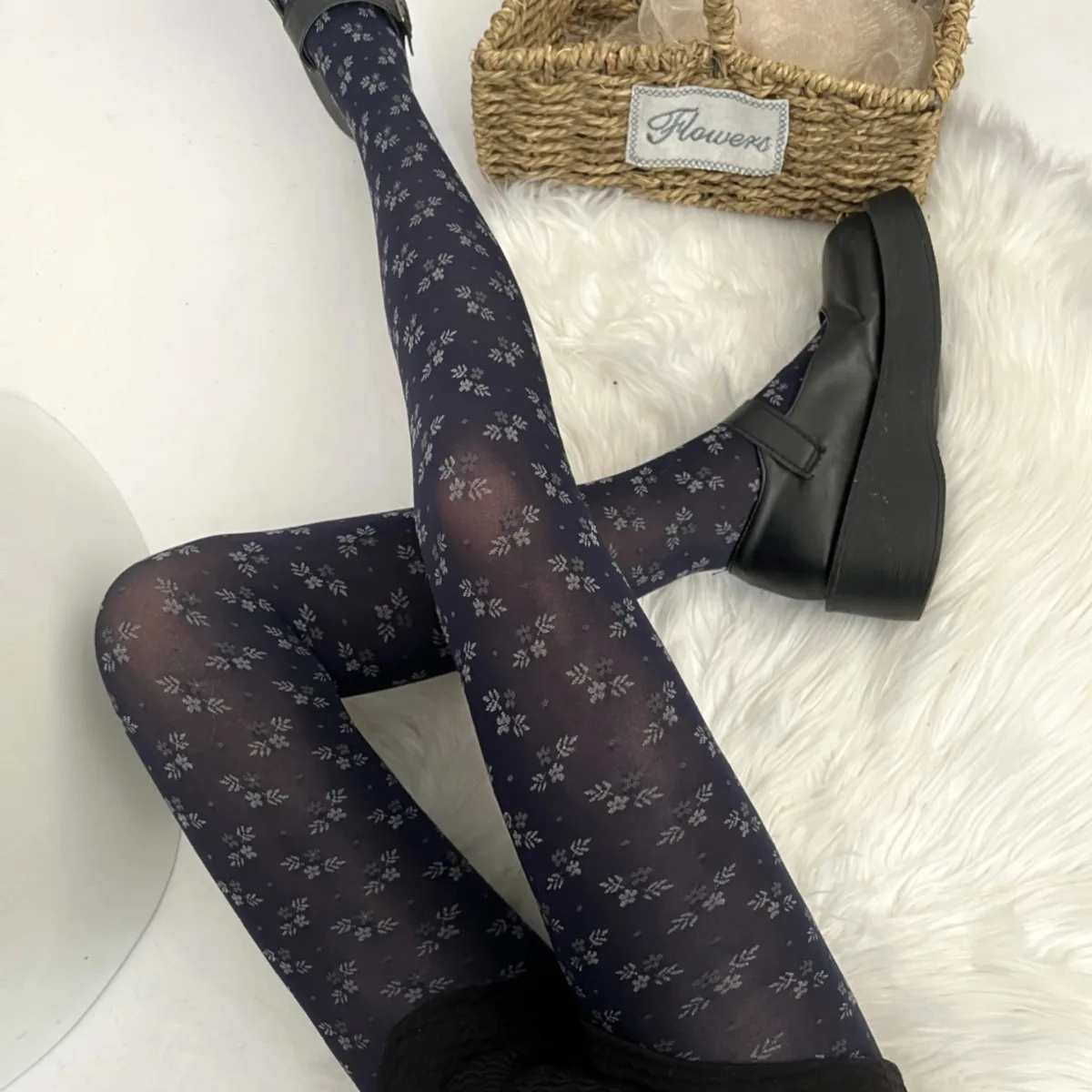 Fashion Retro Small Floral Jacquard Lolita Pantyhose Autumn Cute Sweet Style Navy Blue Teenage Girl Niche Tights