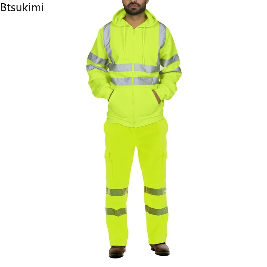 

Uniform Sets Men's Autumn Winter Long Sleeve Hoodies Pants Fleece Two-pieces Night Work High Visibility Workwear Reflective Suit
