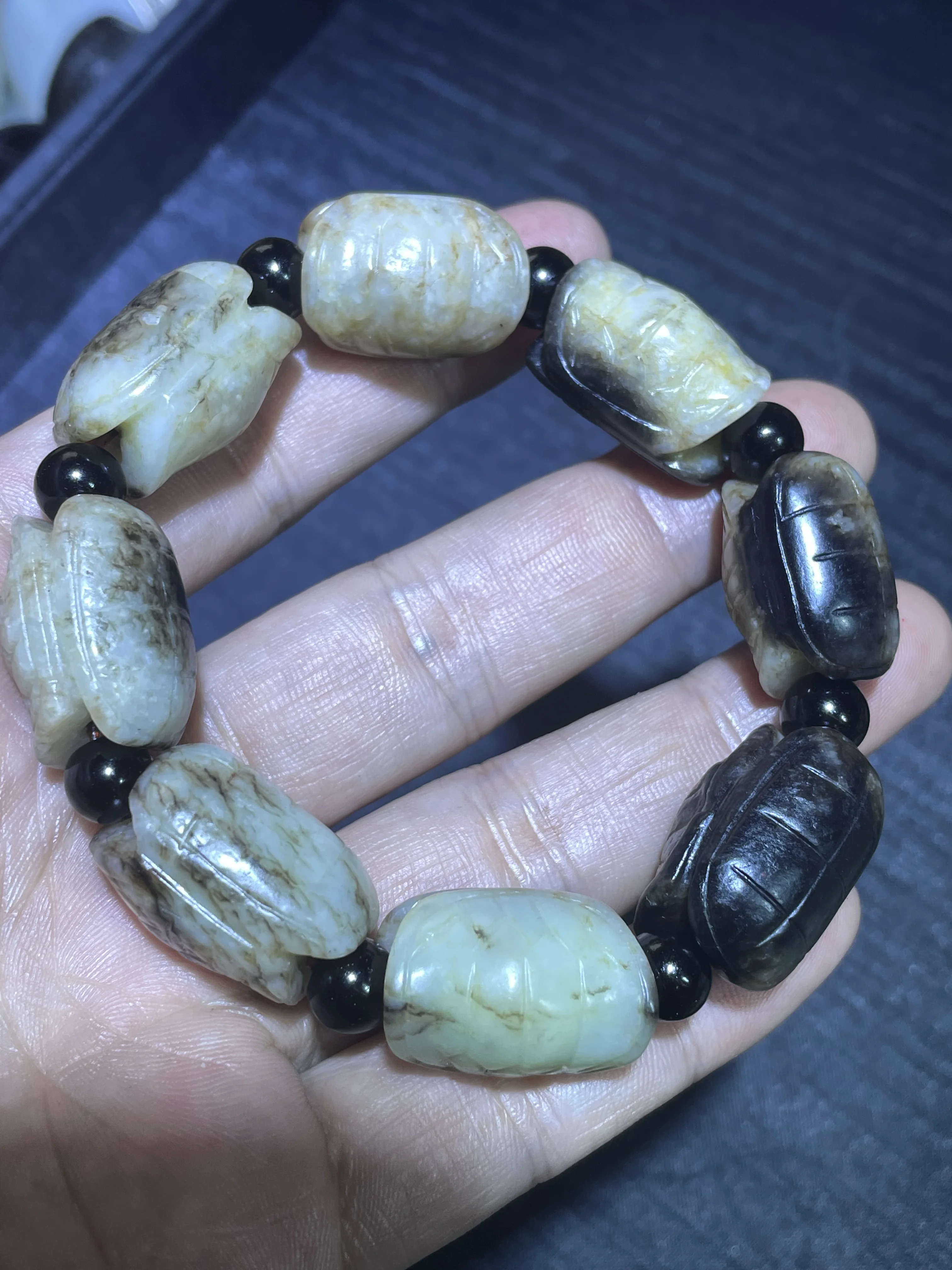 Treasure Chinese Vintage Sinkiang Old Jade Delicate Turtle Shell Longevity Totem Bead Bracelet Bangle Carving Timestown