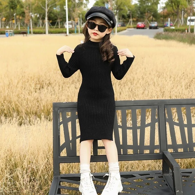 Autumn Winter Teen Girls Sweater Dress New Fashion Long Style Woolen Sweater For Girl Knitted Dress 3-12 Years Children Clothing