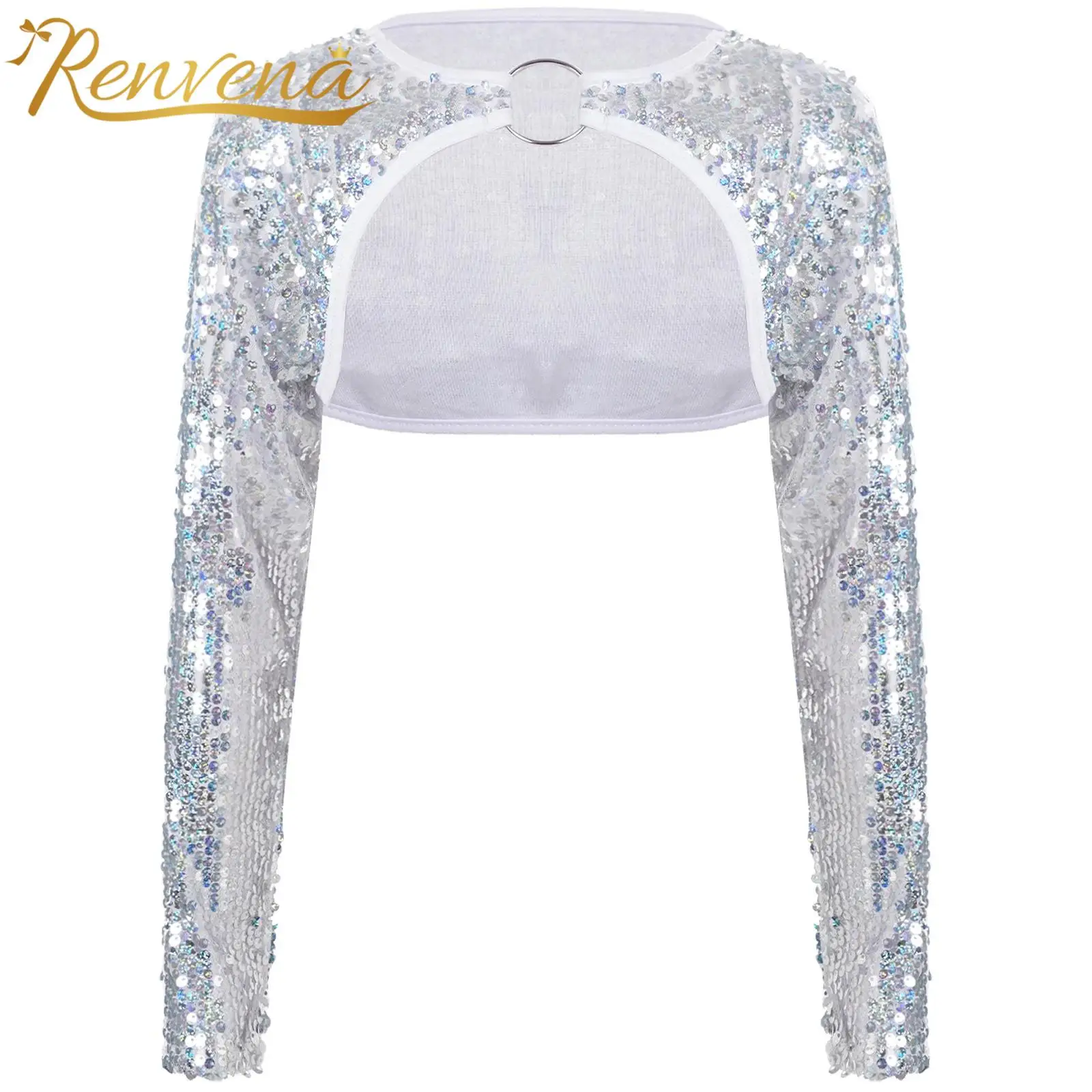 Kids Girls Glittery Sequin Bolero Shrug Coat Fashion Children Jacket Long Sleeve Crop Top Rave Party Festival Prom Dance Costume