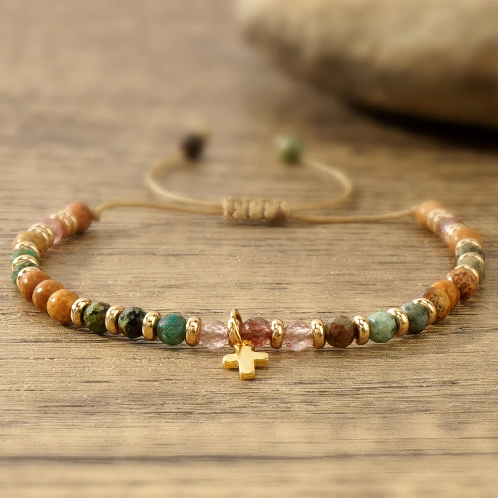 Religious Baptism Bracelet Cross Charm Colorful Beads Adjustable String God Bless You Gift for Men Women Vintage Boho Jewelry
