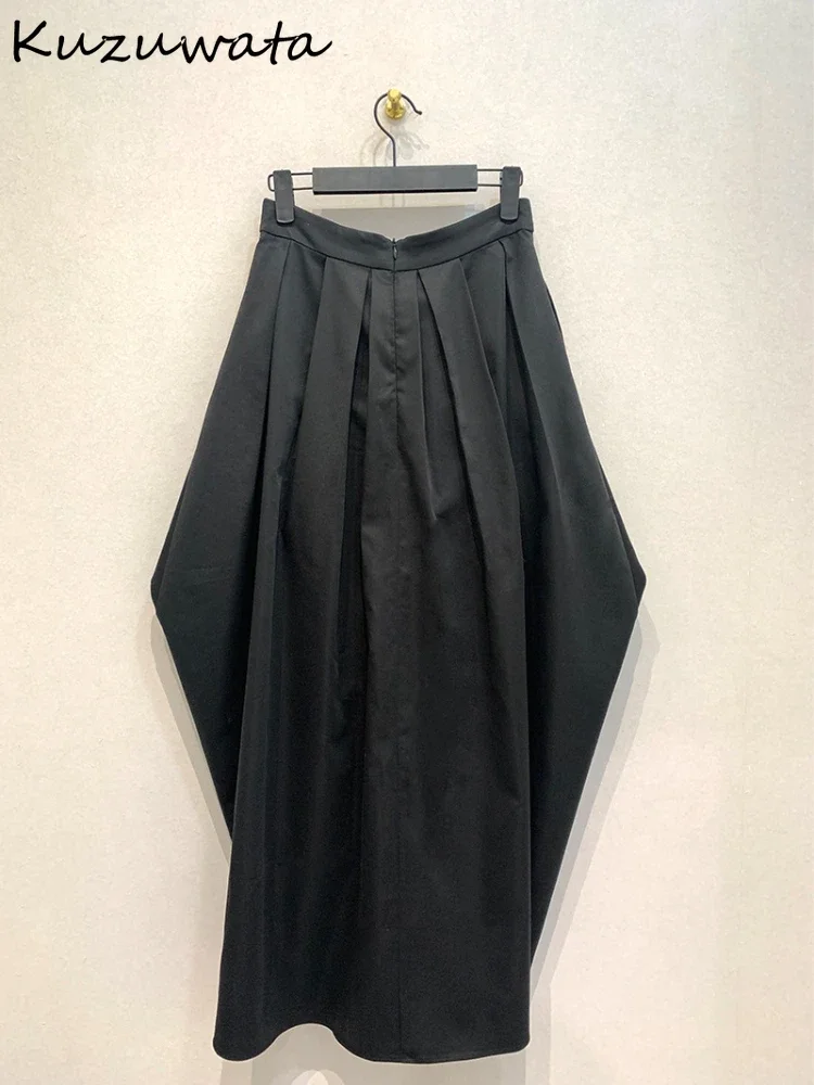 Kuzuwata Moda New A-line Solid Ruched Skirt High Waist Lazy Split Casual Elegant Mujer Faldas Japan Simple Mid-length Soft Falda