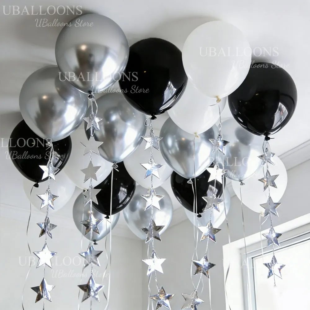 33-teiliges Set Weiße, Silberne und Schwarze Luftballons mit Sternengirlande, Funkelnde Hängende Ballons für Geburtstag, Hochzeit, Babyparty-Dekoration