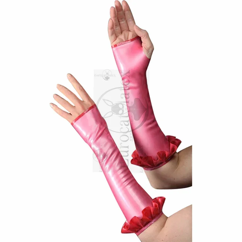 

Pearl Pink And Red Sexy Fingerless Short Latex Gloves With Ruffles Rubber Mittens Gauntlets Elbow Length cosplay