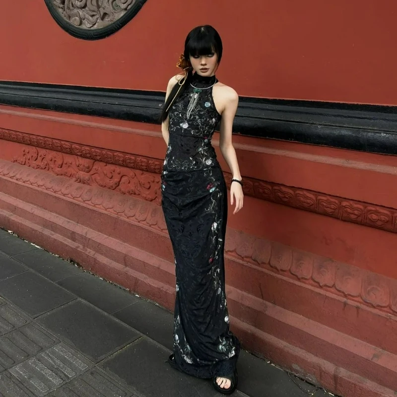 2026 Summer Fashion Chinese Style Sexy Patterned Cheongsam Sleeveless Vest High-waisted Slimming Skirt Two-piece Set for Women