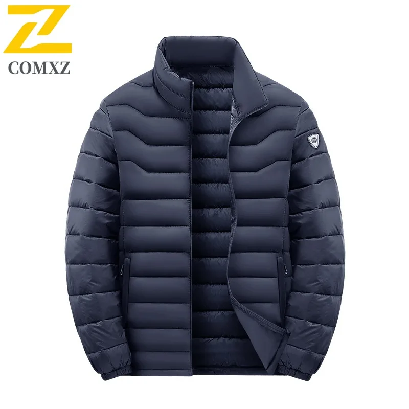 

COMXZ 2025 Mens Stand Collar Puffer Jacket Korean Slim Fit Ribbed Quilted Waterproof Windproof Down Cotton Padded Warm Coat