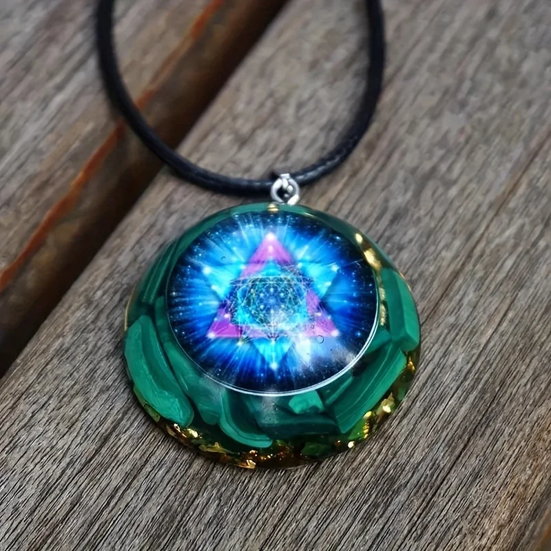 1PC Malachit Chakra Energie Orgonit Anhänger Halskette, Malachit Chakra Energie Orgonit Anhänger: Sri Yantra Heilige Geometrie, Roc – Detail 2