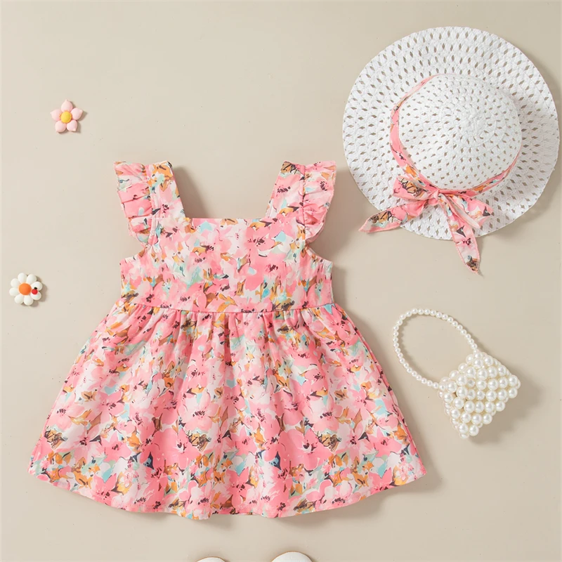 

Baby Dress Flower Printed Chiffon Dress Beach Vacation Style Dress for Baby Girl Send Hat