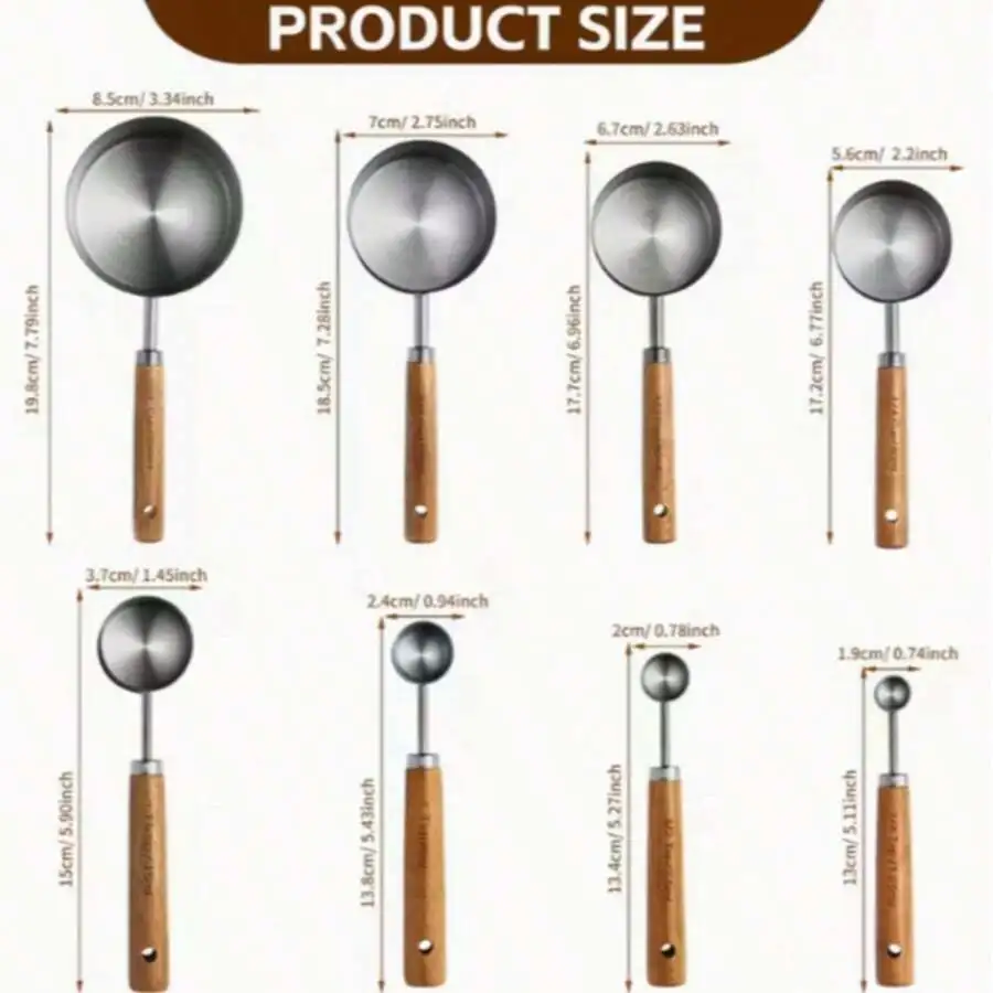 8-Piece Measuring Cup And Spoon Set | Wooden Handle, Metric And US Units Of Measurement, Silver Polished Surface, For Kitchen Co