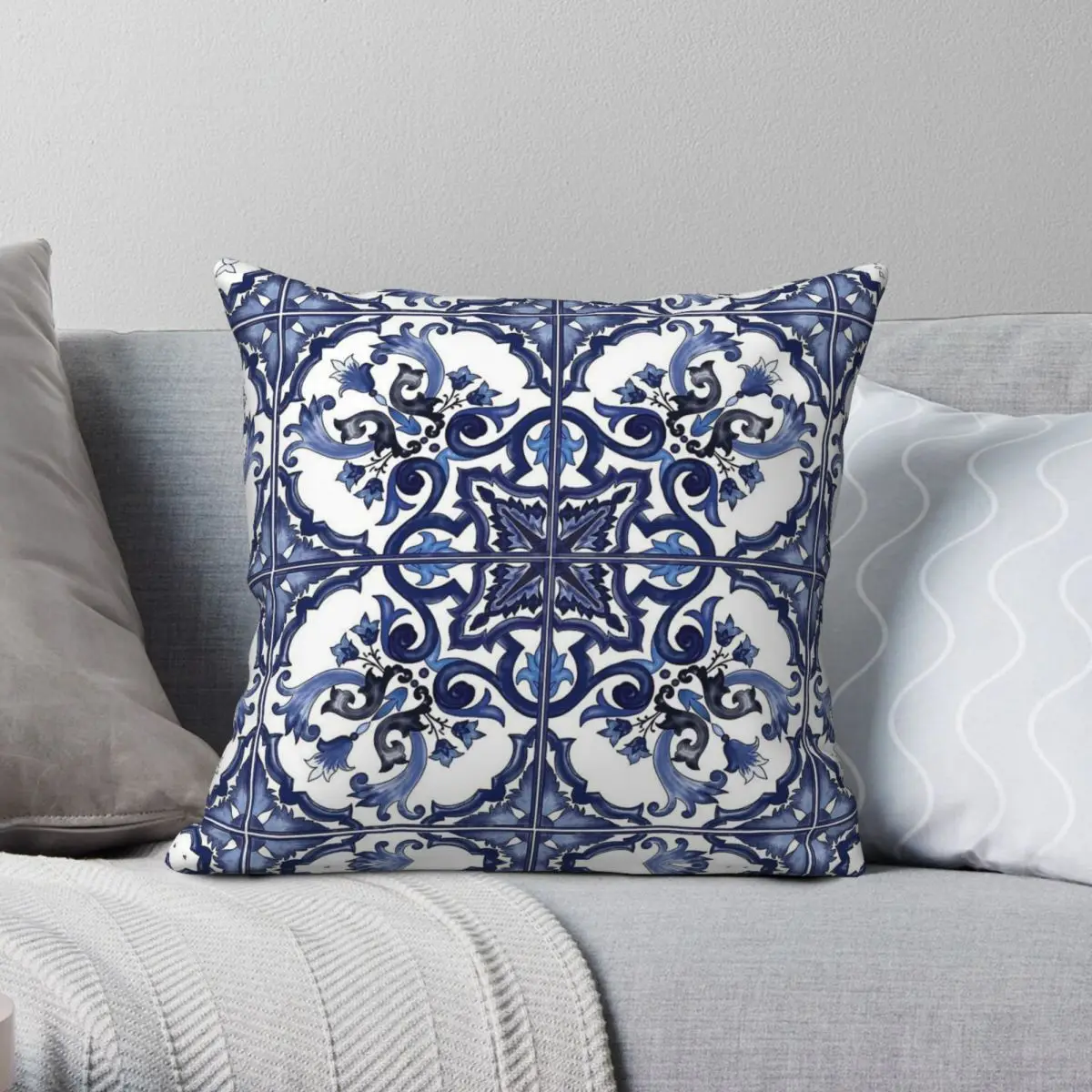 Blue Ornate Floral Sicilian Tile Square Pillowcase Polyester Linen Velvet Printed Zip Decor Bed Cushion Cover