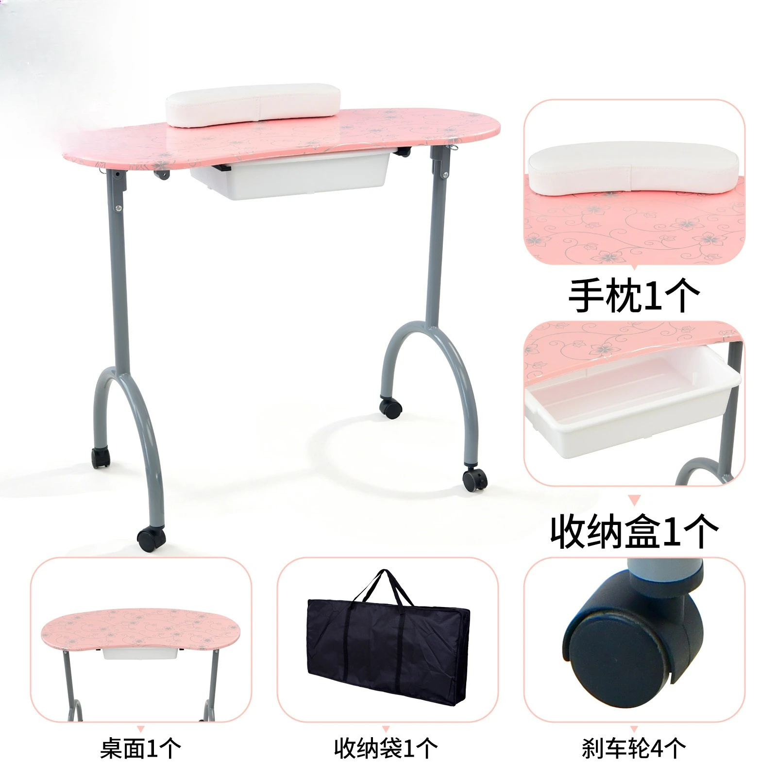 Pink nail table with drawer: Movable multifunctional portable folding nail table
