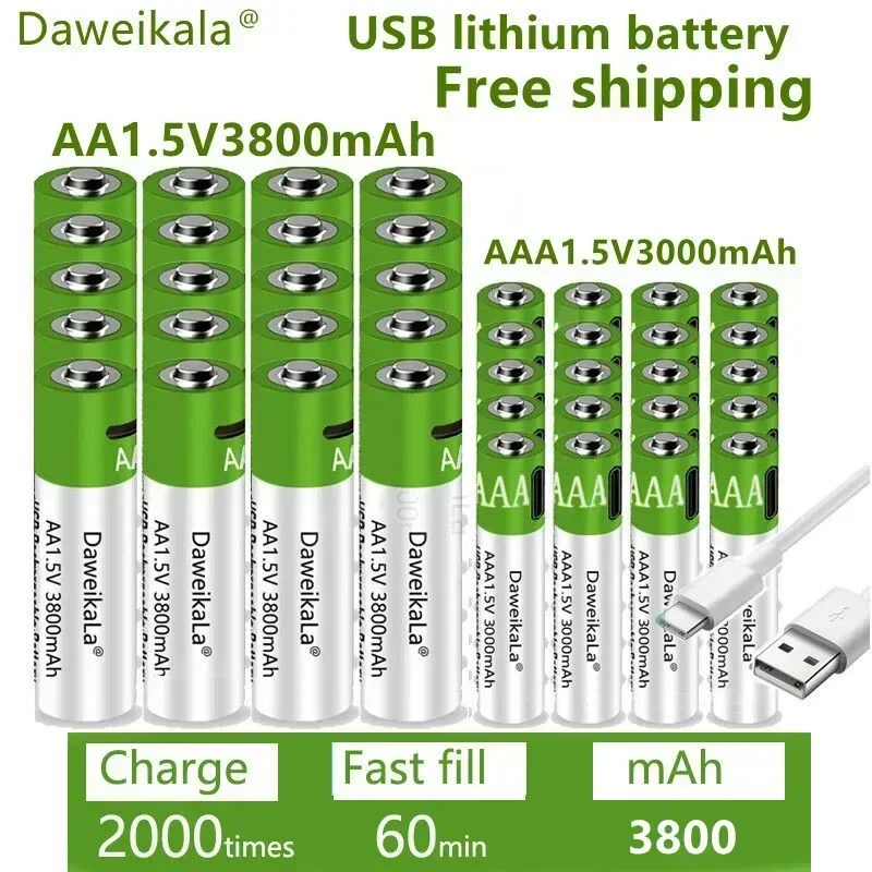 Large capacity AA+AAA battery, USB fast rechargeable lithium-ion battery 3800-3000mAh,AA1.5V function mouse alarm remote control