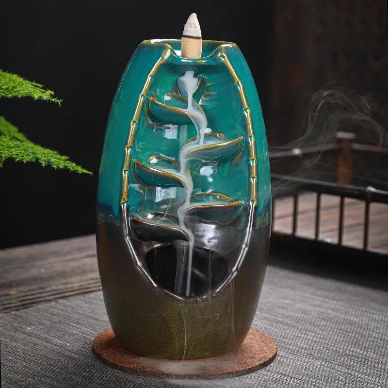 Ceramic Backflow Incense Burner Waterfall Smoke Blue Glaze Incense Holder For Relaxation Zen Meditation Home Decor