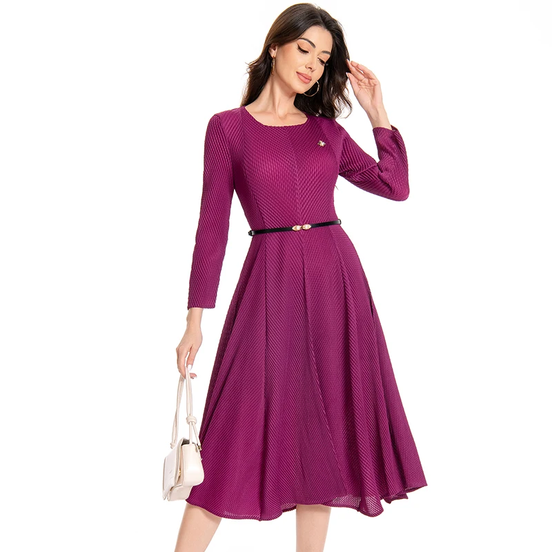 2024 New High Quality Women Round Collar Midi Dress Elegant Fall Spring Long Sleeve Rose Red Elastic Belt Miyake Pleated Vestido