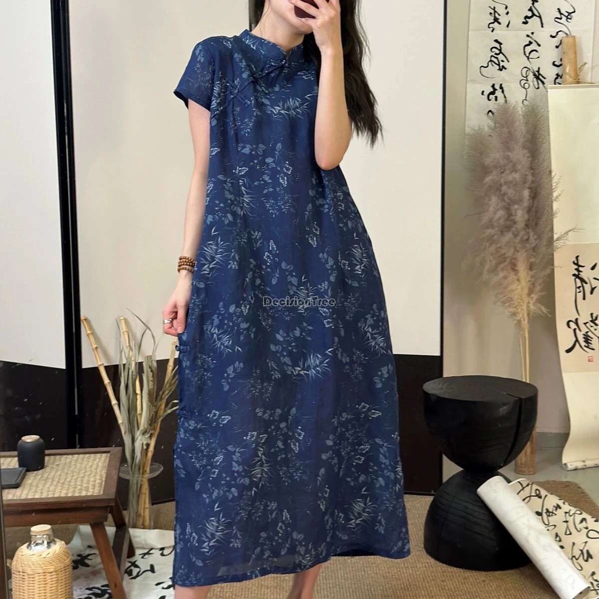 2024 retro improved loose daily qipao breathable cool comfortable cotton linen qipao chinese style printing literature art dress