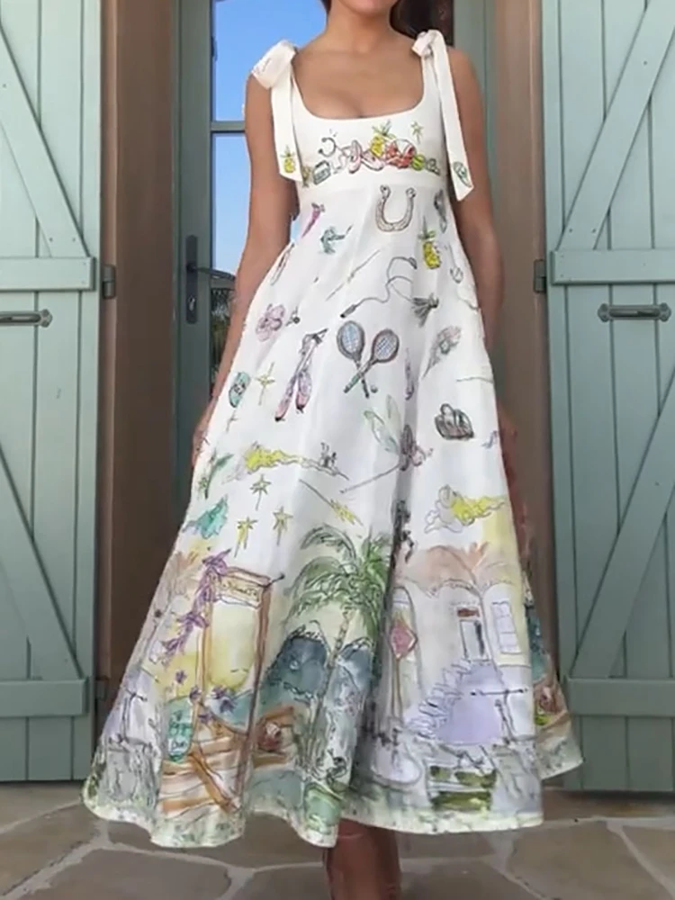 ผู้หญิงฤดูร้อนเซ็กซี่แขนกุด Chic Party Dress,Lacing Up Patchwork ชุด Maxi ง่าย, 2025 พิมพ์สปาเก็ตตี้สุภาพสตรีชุด