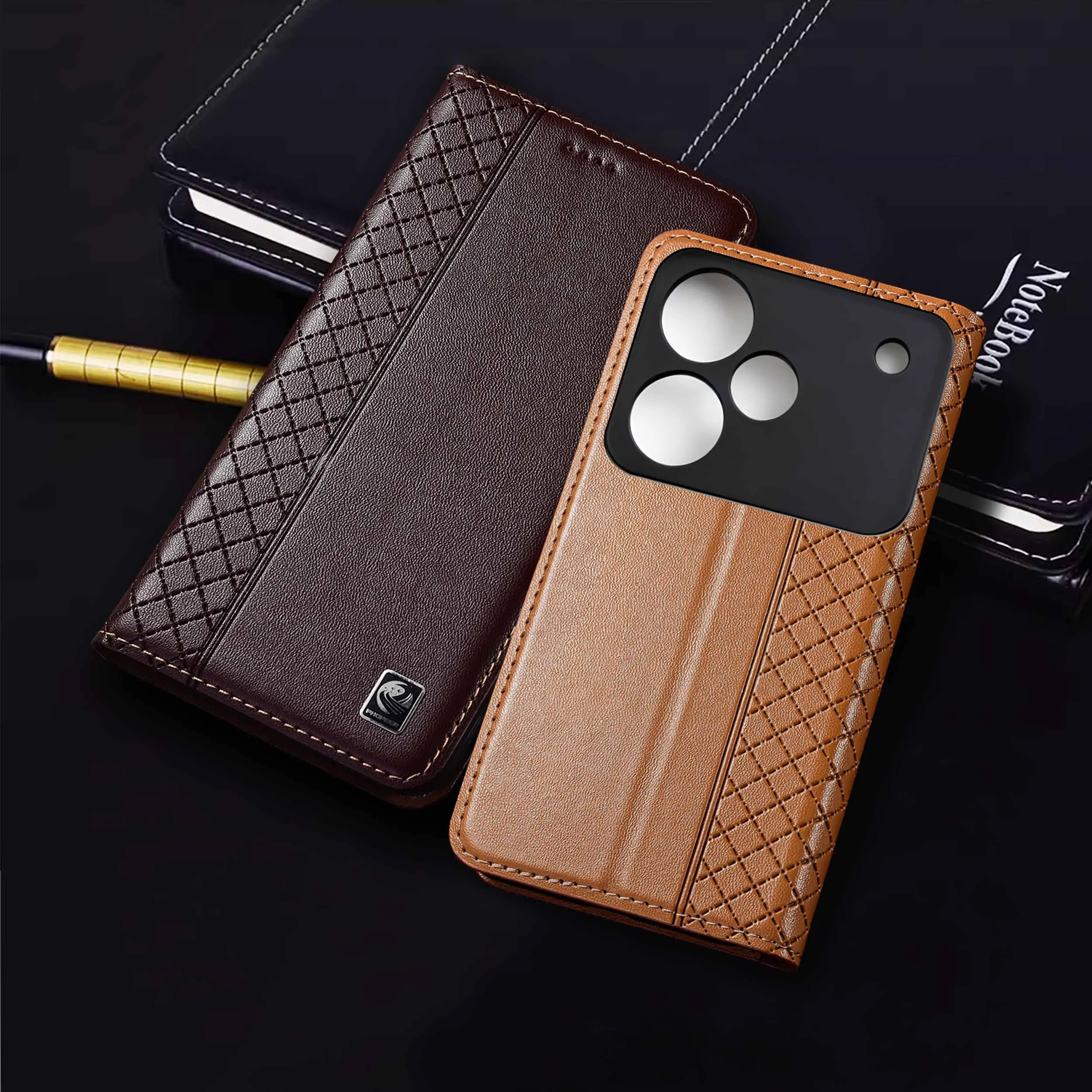 

Genuine Leather Phone Case For Realme 11 12 13 14 14T 15 P4 Pro Plus 4G 5G Nappa Inner Mesh Pattern Of Flip Cover Case Cowhide
