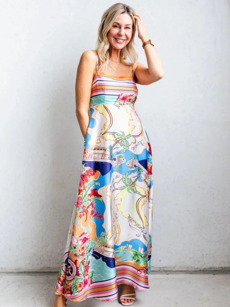 Women's Temperament Elegant High Waist Printed Vacation Style Big Swing Halter Vacation Eye Catching Dresses