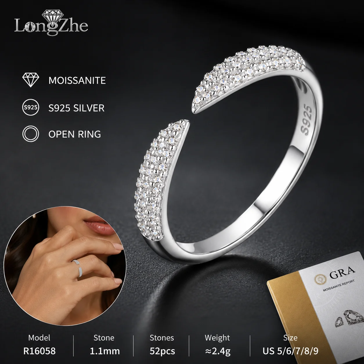 

S925 Sterling Silver Moissanite Open Ring 1.1mm Round Cut 52-Stone Pave Band for Women Wedding Anniversary Gift