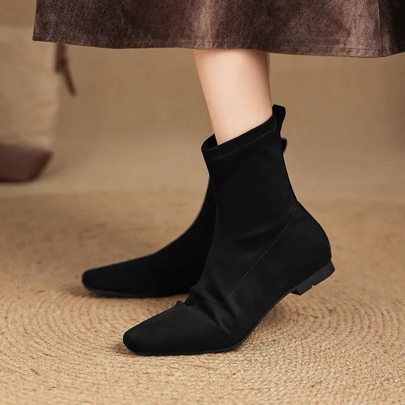 2026 new autumn winter women ankle boots 22-26cm flannel+microfiber+pigskin/plush square toe low heel women short boots fashion