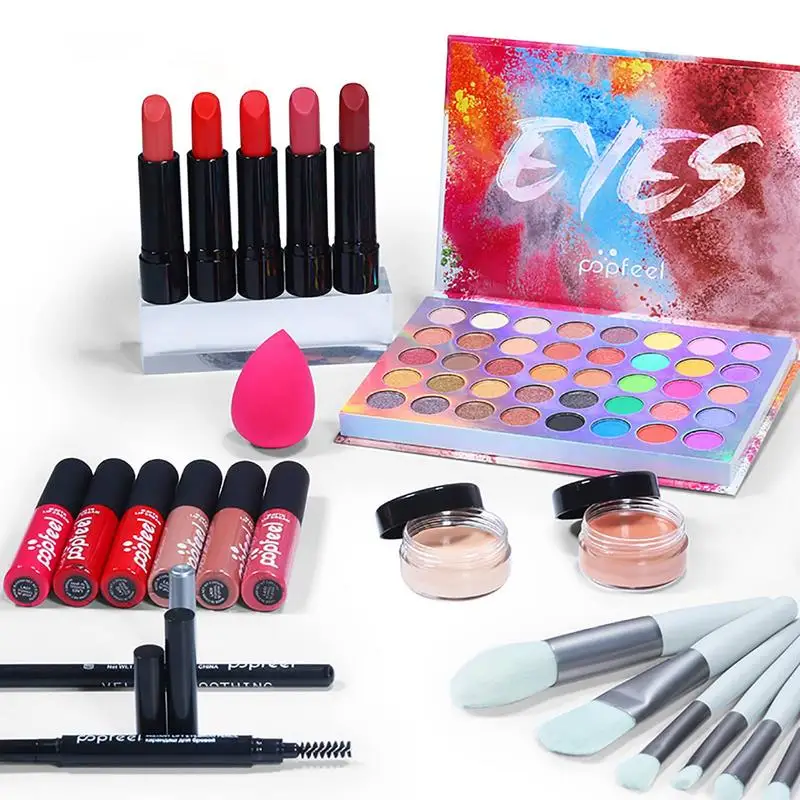 Kit completo de maquillaje para mujer, conjunto de maquillaje de belleza para principiantes, incluye paleta de sombra de ojos, lápiz labial, pincel de lápiz de cejas