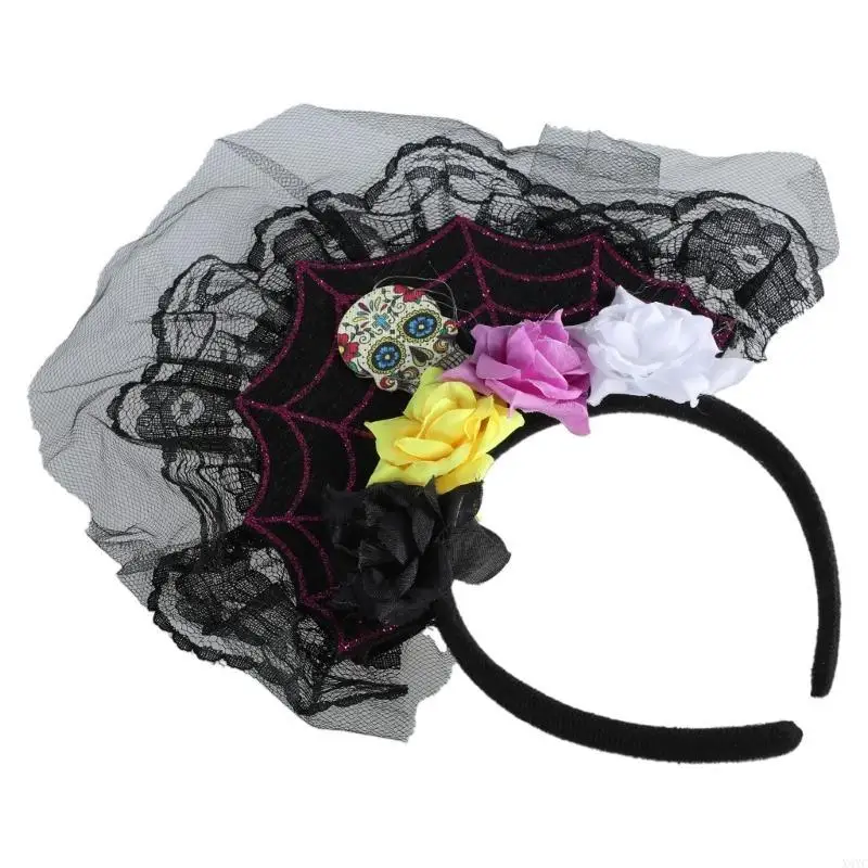 

X4YC Day of The Dead Spiderweb Headband Flower Skull Lace Halloween Cosplay Hair Hoop