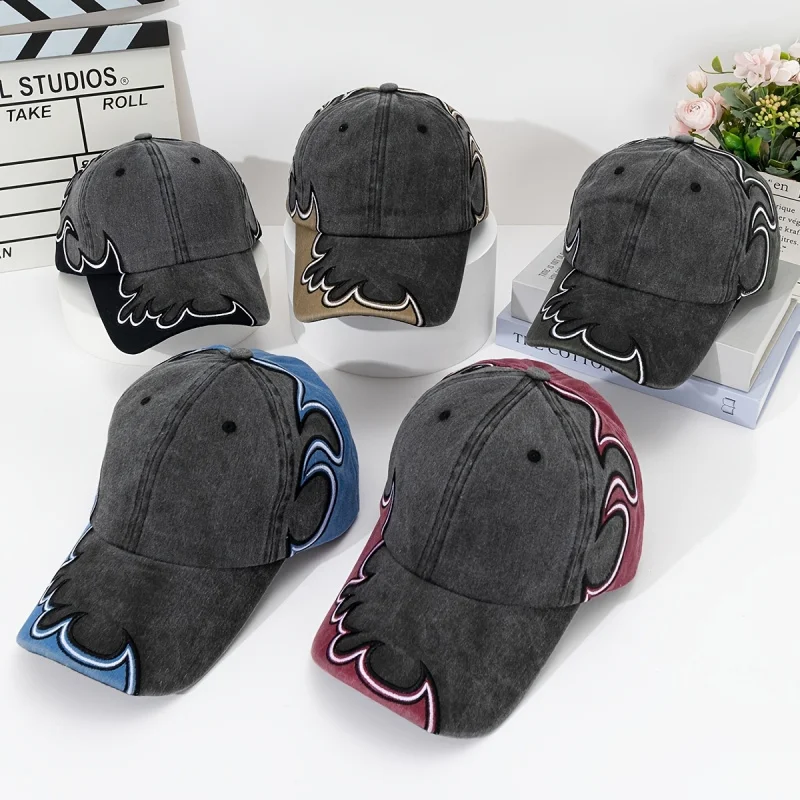Retro Distressed Washed Baseball Cap with Flame Embroidery Adjustable Dad Hat for Both Men And Women Summer Streetwear Sun Hat