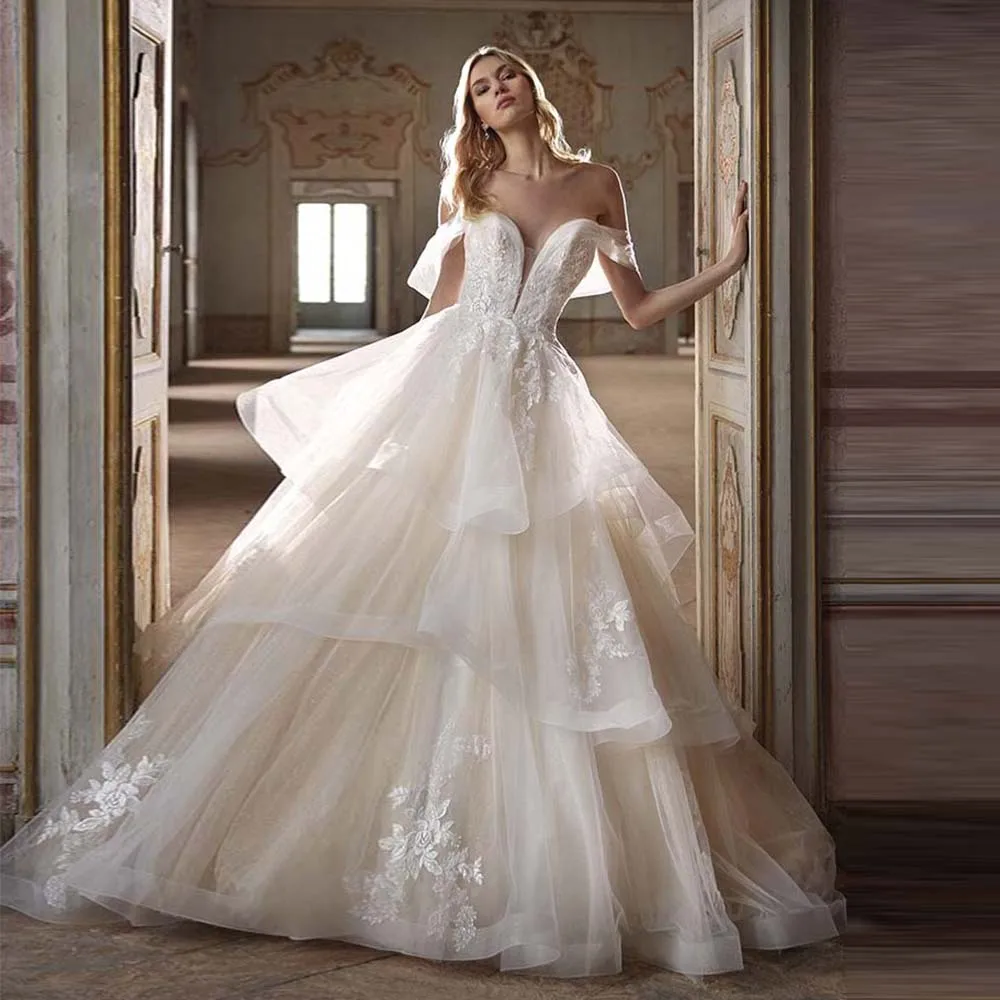 Exquisite Boho Wedding Dresses Lvory Net Tiered Ruched Embroidery A-line Off-the-shoulder Floor Length Dresses Gown White
