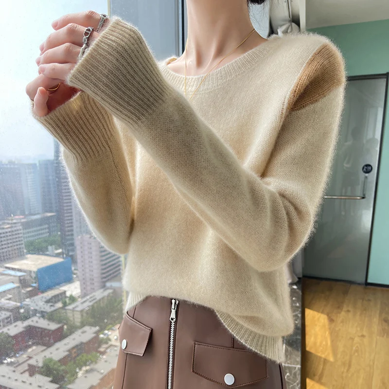 Round Neck 100% Merino Wool Sweater For Women's Autumn Winter Color Contrast Thickened And Warm High-Quality Loose Cashmere Knit