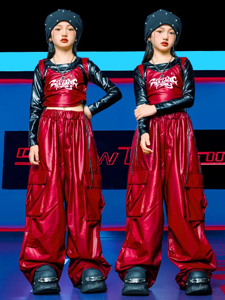 

Kid Kpop Hip Hop Clothing Black Faux Leather Crop T Shirt Wine Red Parachute Cargo Pants for Girl Street Dance Costumes Clothes