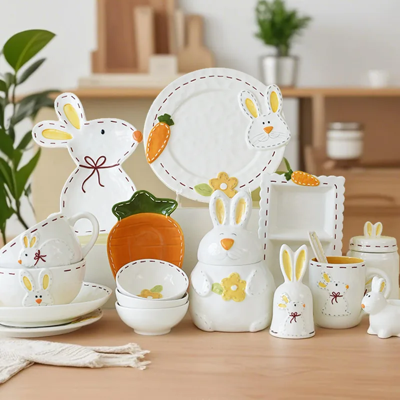 Cute Cartoon Ceramic Tableware Set Kitchen Utensils Combo with Embossed Western Plates Dripping Design
