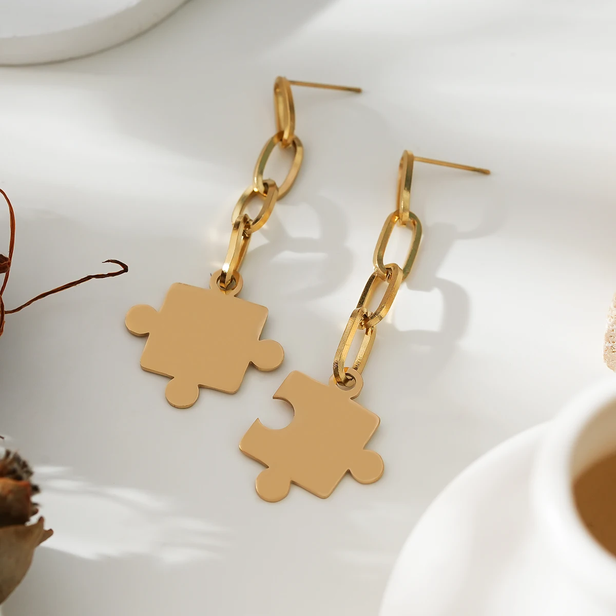 Exquisite 14k gold-plated stainless steel chain link jigsaw high quality drop earrings for date ladies' parties