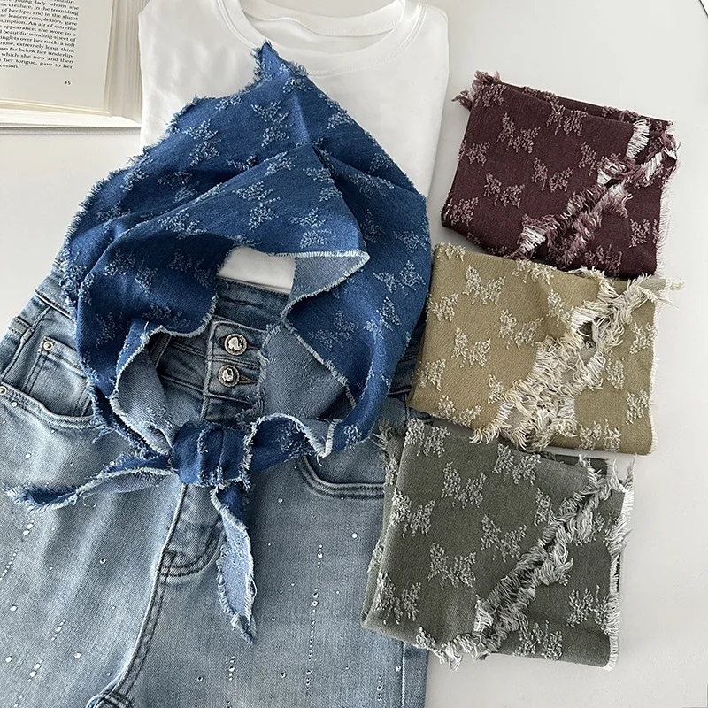 

Distressed denim-style triangular bandana, women's bohemian vintage cotton-fringed small neckerchief, layered look hip scarf.