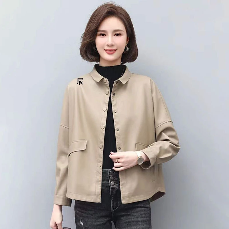 Women\'s Casual Short Leather Jacket Loose Motorcycle Top Spring Korean Lapel PU Jacket Outwear Lady Solid Single Breasted Coat