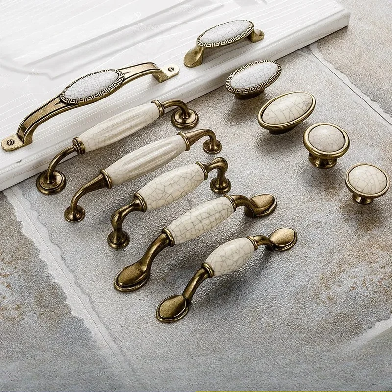 European Crack Ceramic Handle New Chinese Antique Bronze Cabinet Drawer Wardrobe Door Knob Pull Hardware