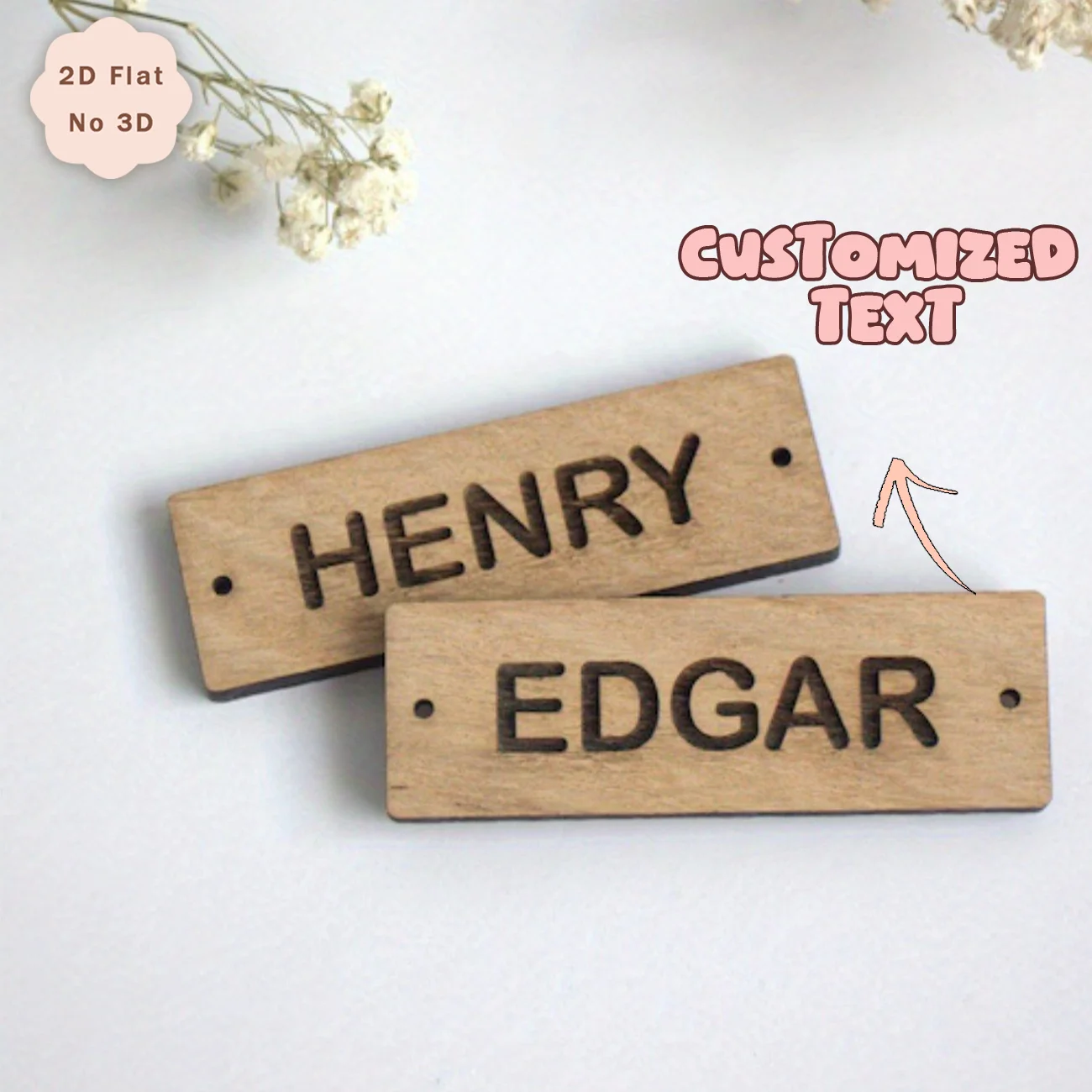 Custom Engraved Wooden Name Tags, Personalized Custom Text 2D Flat Wood Name Plaque, Laser Engraved Rectangle Wooden Label for C