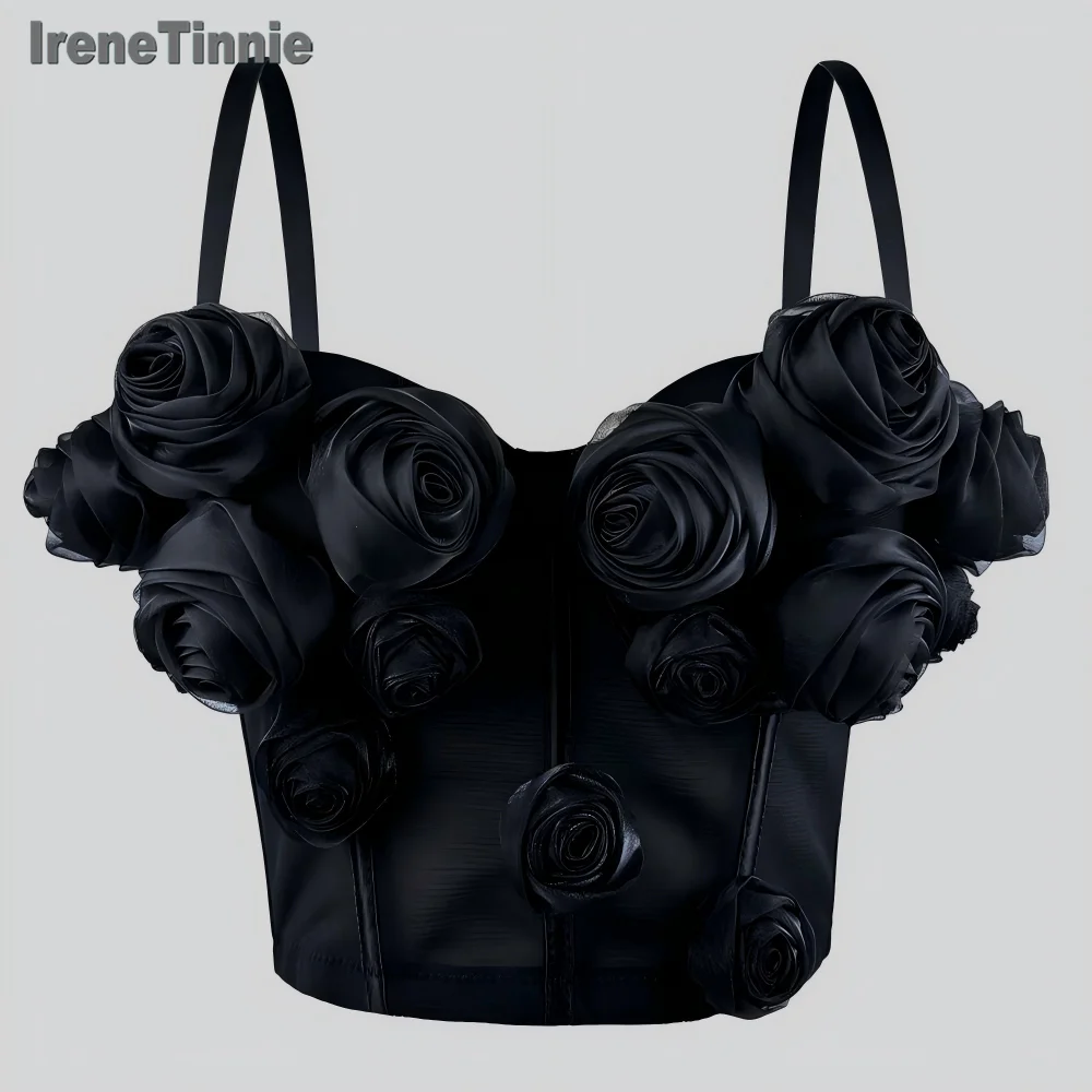 IRENE TINNIE 2025 Zomer Casual Outfits 3D Bloem Tops Vrouwen Elegante Stereoscopische Bloem Mesh Corset Sexy Korte Crop Top Mujer