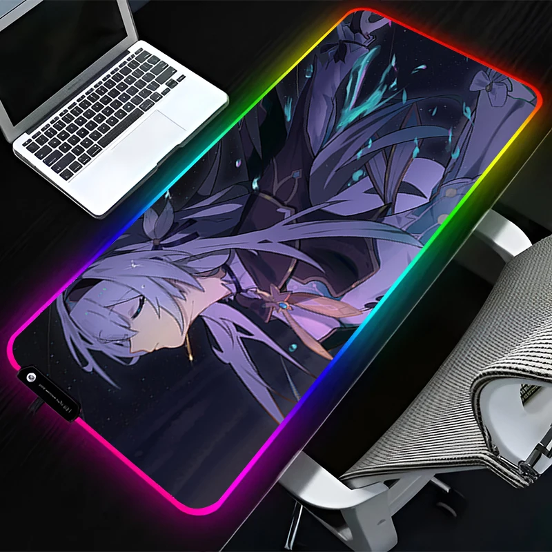 RGB LED Mouse Pad Desk Mat Computer Gaming HD Keyboard Pad Mousepad Rubber Mat Non Slip H-honkai Star Rail Aventurine Mouse Mat