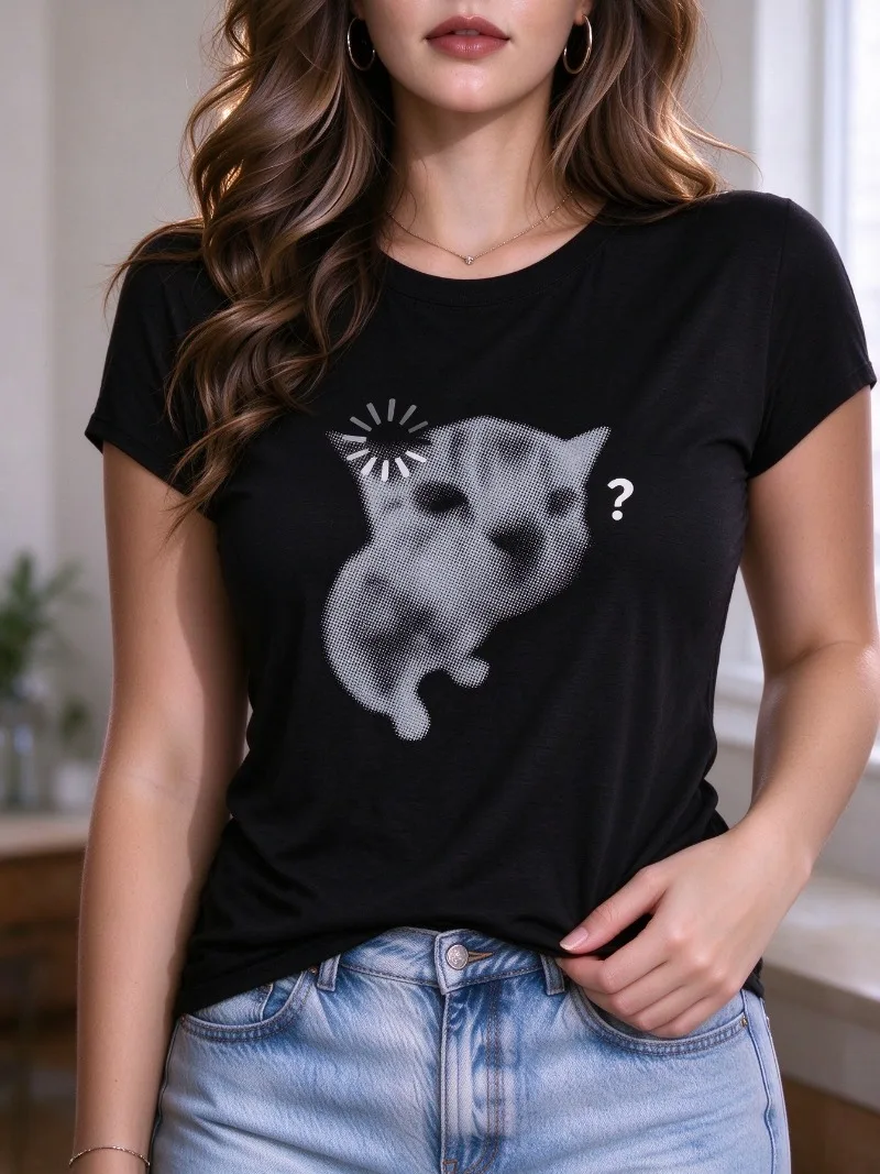 Confused Cat Question Mark Graphic Modal Women T-Shirt Funny Animal Print Casual Short Sleeve Female Daily Wear Top