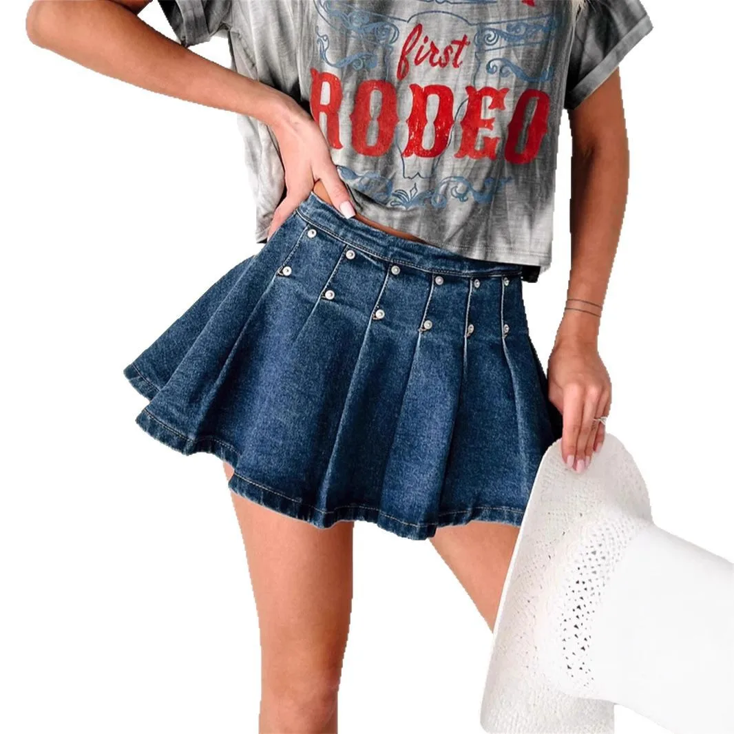 2025 New Fashion Women's American Summer Sexy Rivet A-line Skirts Casual Trendy Vintage Denim Pleated Skirts Female Streetwear